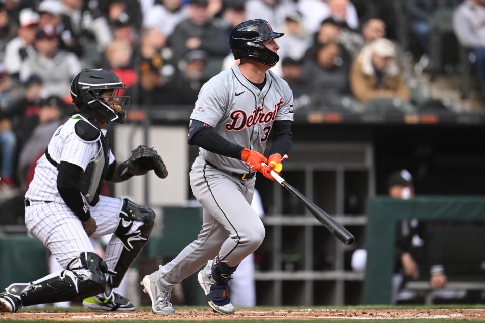 Detroit Tigers rookie Colt Keith bats in the second inning during his MLB debut of the Opening Day game against the Chicago White Sox at Guaranteed Rate Field on March 28, 2024 in Chicago.
