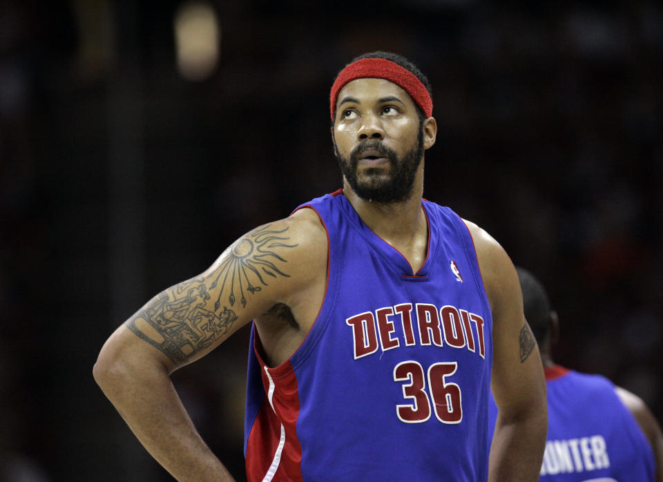 Detroit Pistons' Rasheed Wallace looks at the scoreboard during Game 6 of the 2007 Eastern Conference finals against the Cleveland Cavaliers on June 2, 2007, in Cleveland. (AP Photo/Tony Dejak)