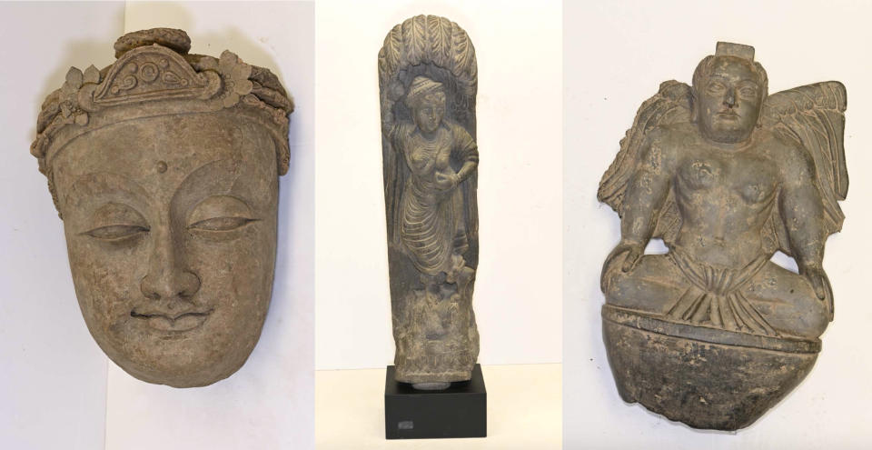 Recovered Afghan artifacts: Head of a Bodhisattva - 6th-7th century AD - valued at $125,000; Bodhisattva under a tree - 3rd century AD - valued at $35,000; and, Figure of a winged Atlas/Cherub - 3rd century AD - valued at $55,000. (New York District Attorney's Office [2])