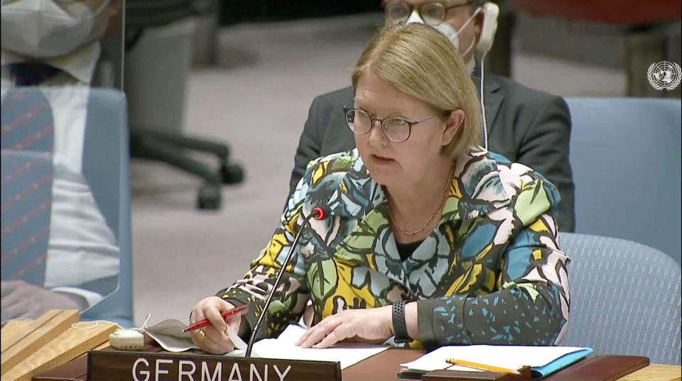 In this image made from UNTV video, Germany's Ambassador to the United Nations Antje Leendertse speaks during an emergency U.N. Security Council meeting on Ukraine, at the U.N. headquarters, Monday, Feb. 21, 2022. (UNTV via AP)