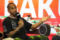 Mercedes driver Lewis Hamilton of Britain talks to journalists during a press conference at the Baku circuit, in Baku, Azerbaijan, Thursday, April 27, 2022. The Formula One Grand Prix will be held on Sunday April 30, 2023. (AP Photo/Sergei Grits)