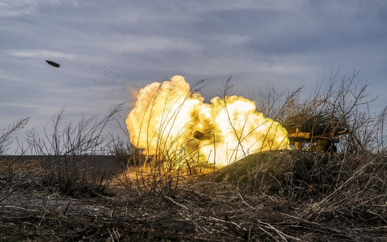 Ukrainian artillery in action on the front line. Supplies of artillery shells are a critical issue in the struggle to hold the Russians back