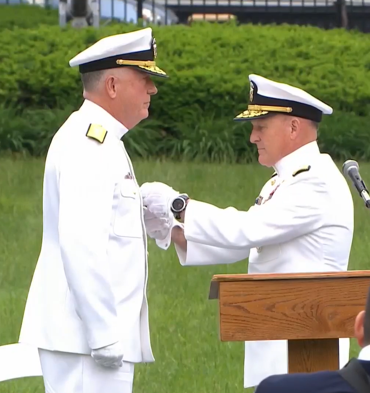Rear Adm. Brent Scott, Chief of Navy Chaplains and a native of Amarillo, is presented the Distinguished Service Medal by ADM Mike Gilday, Chief of Navy Operations, May 16 during a change of office and retirement ceremony onboard Washington Navy Yard.