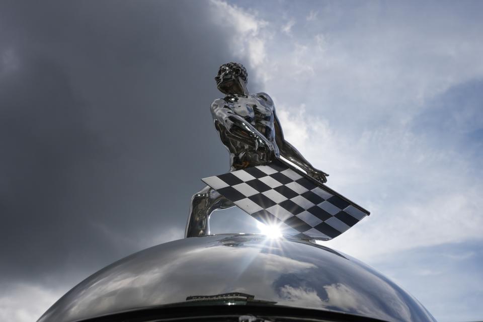 The Borg-Warner Trophy is displayed during a practice session for the Indianapolis 500 auto race at Indianapolis Motor Speedway, Friday, May 17, 2024, in Indianapolis. (AP Photo/Darron Cummings)