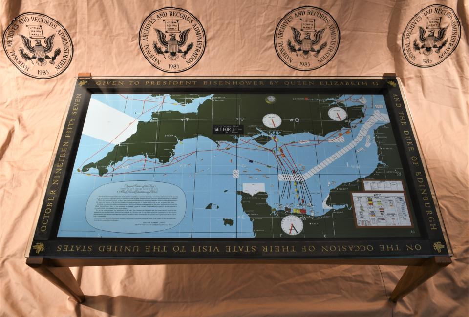 Coffee table feature a map of the Allied forces positions at H-Hour on D-Day, a gift from Queen Elizabeth II to President Dwight D. Eisenhower. Photo provided by the Eisenhower Presidential Library.