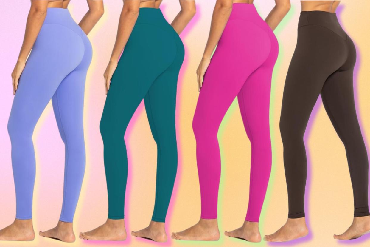 four different colours of the Amazon leggings being worn