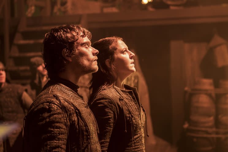 Fire and blood: Theon and Yara Greyjoy look on as Uncle Euron brings the pain. (Sky)