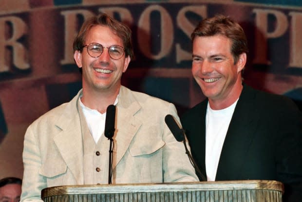 <p>Kevin Costner and Dennis Quaid during the 1994 ShoWest awards in Las Vegas. </p>