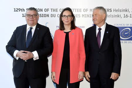 Finland's Minister of Foreign Affairs Timo Soini, Junior Minister for European Affairs of France Amelie de Montchalin and Secretary General of the Council of Europe Thorbjorn Jagland attend The Ministers for Foreign Affairs of the Council of Europe's annual meeting in Helsinki, Finland May 17, 2019. Lehtikuva/Vesa Moilanen via REUTERS