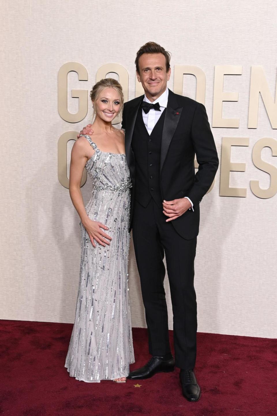 PHOTO: Kayla Radomski and Jason Segel attend the 81st Annual Golden Globe Awards at The Beverly Hilton on Jan. 7, 2024, in Beverly Hills, California.  (Jon Kopaloff/WireImage,)