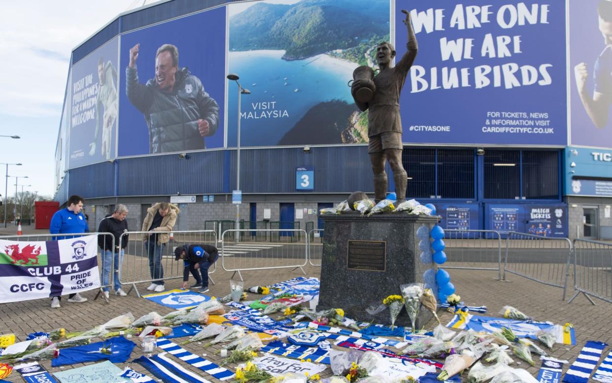 Tributes are laid for Emiliano Sala outside Cardiff's stadium on Wednesday - Getty Images Europe