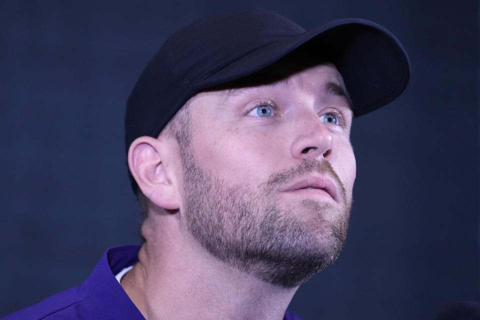 Northwestern interim head coach David Braun listens to a question during a news conference at Walter Athletics Center in Evanston, Ill., Wednesday, Aug. 9, 2023. (AP Photo/Nam Y. Huh)