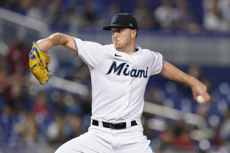 Miami Marlins' Trevor Rogers delivers a pitch during the first inning of a baseball game against the Los Angeles Dodgers, Monday, July 5, 2021, in Miami. (AP Photo/Wilfredo Lee)