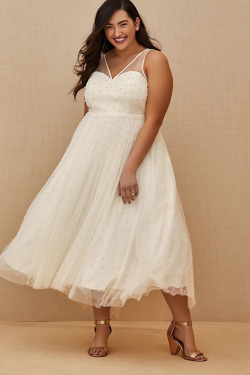 Ivory Mesh Faux Pearl Tea-Length Wedding Dress