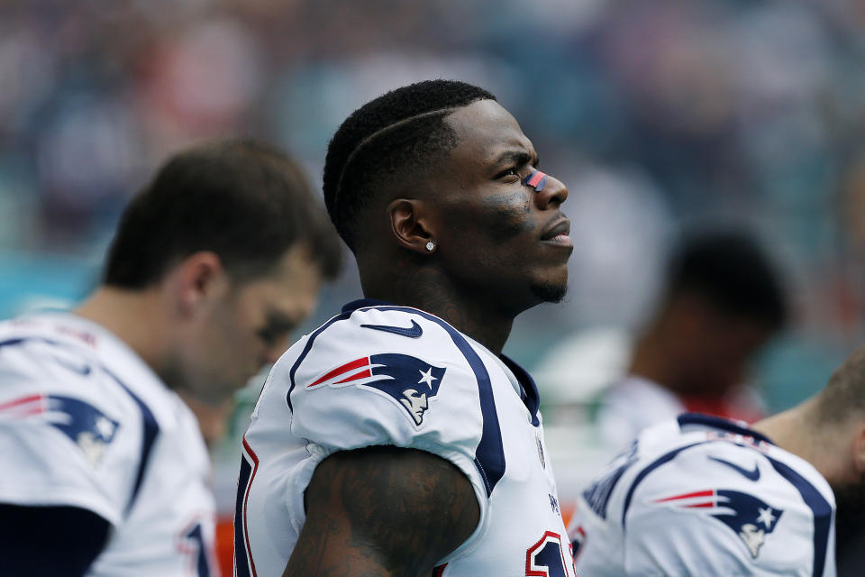 MIAMI, FL - DECEMBER 09: Josh Gordon #10 of the New England Patriots looks on prior to the game against the Miami Dolphins at Hard Rock Stadium on December 9, 2018 in Miami, Florida.  (Photo by Michael Reaves/Getty Images)