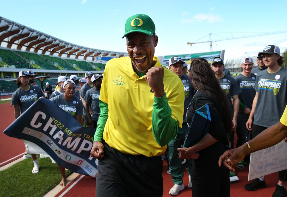 Oregon Track and Field coach Robert Johnson celebrates the sweep of the team awards at the Pac-12 Track & Field Championships at Hayward Field in Eugene, Oregon May 15, 2022.