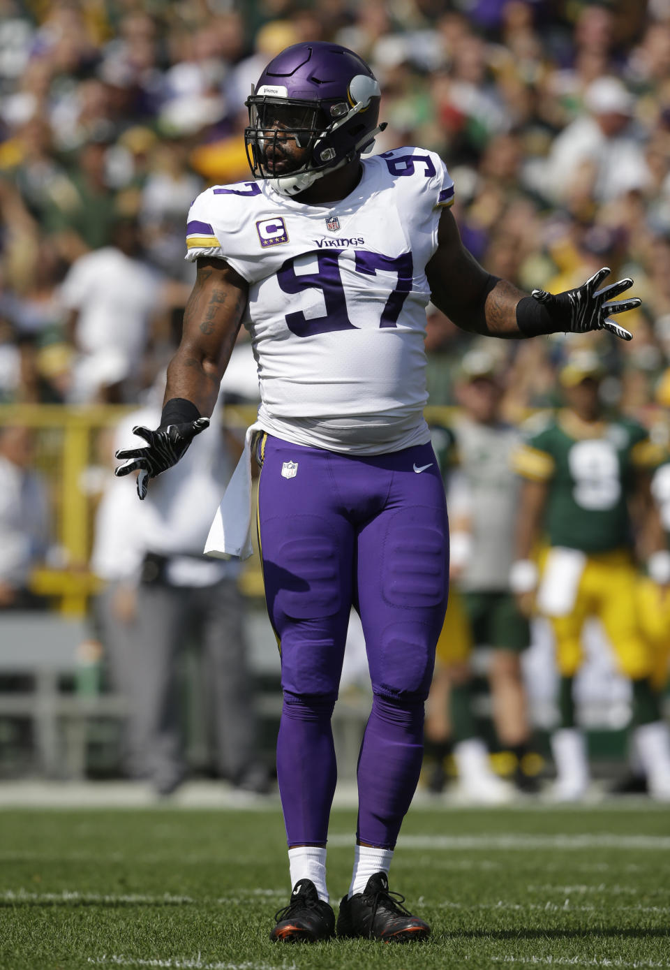 FILE - In this Sunday, Sept. 16, 2018, file photo, Minnesota Vikings' Everson Griffen reacts during the first half of an NFL football game against the Green Bay Packers, in Green Bay, Wis. Griffen has been sidelined indefinitely by an undisclosed situation that has caused concern within the organization about his well-being. (AP Photo/Jeffrey Phelps, File)