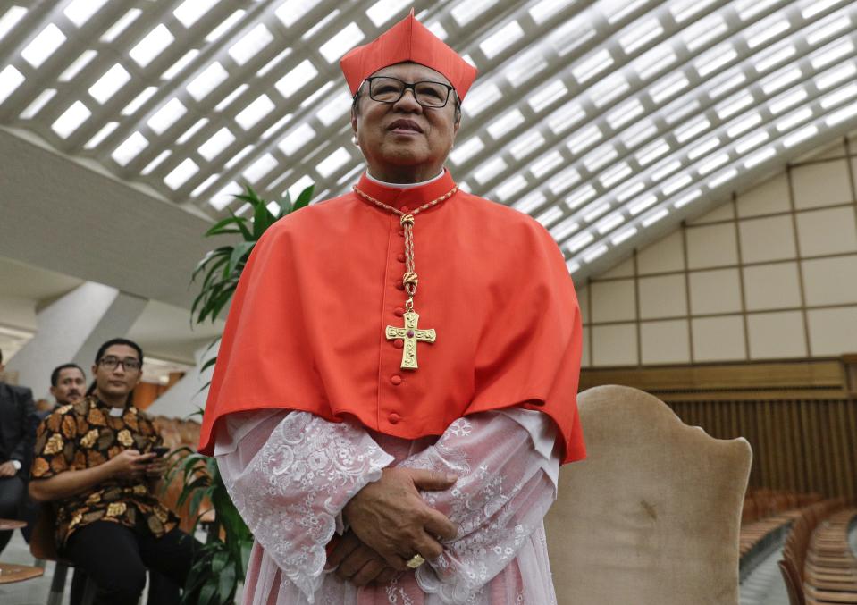 Cardinal Ignatius Suharyo Hardjoatmodjo poses for photographers prior to meeting relatives and friends after he was elevated to cardinal by Pope Francis, at the Vatican, Saturday, Oct. 5, 2019. Pope Francis has chosen 13 men he admires and whose sympathies align with his to become the Catholic Church's newest cardinals. (AP Photo/Andrew Medichini)