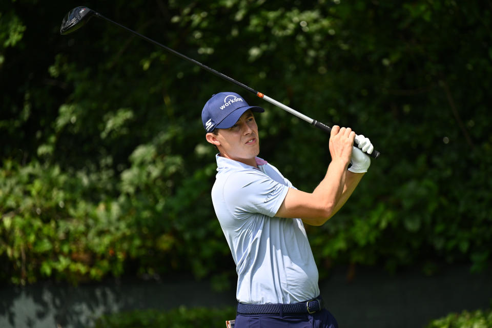 Matt Fitzpatrick tees off from the second tee during the first round of the BMW Championship golf tournament. Mandatory Credit: Jamie Sabau-USA TODAY Sports