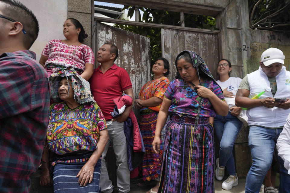 Residents listen to Seed Movement presidential candidate Bernardo Arevalo during a campaign rally in Santa Maria de Jesus, Guatemala, Sunday, July 16, 2023. Arevalo stood before the residents of the Kaqchikel Indigenous community on the slopes of the Agua Volcano and told them they could be the seeds of a brighter, more corruption-free spring in Guatemala. (AP Photo/Moises Castillo)