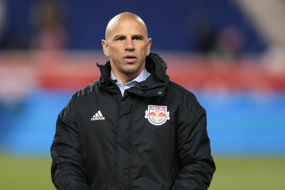 Mar 23, 2019; Harrison, NJ, USA; New York Red Bulls head coach Chris Armas  looks on after the game against Orlando City SC at Red Bull Arena. Mandatory Credit: Vincent Carchietta-USA TODAY Sports