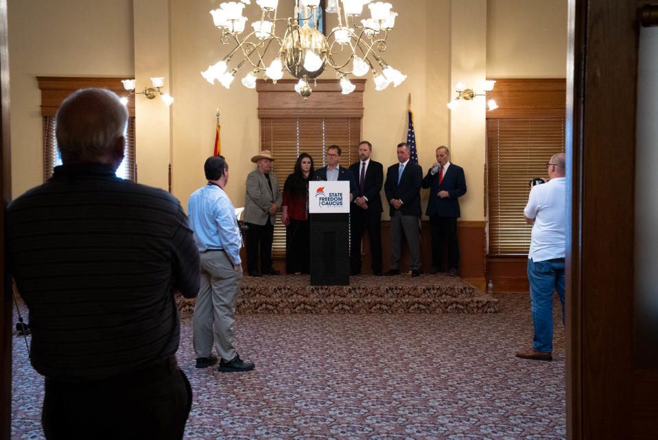 Jake Hoffman speaks during an Arizona Freedom Caucus press conference in Phoenix.