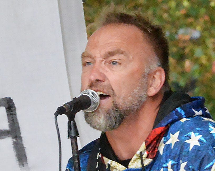 Jake Banta speaks during a rally, called the Veterans Freedom Rally, on Oct. 16, 2021, at Perry Square in Erie. Banta is a Republican candidate in the May 2022 primary for the 4th District state House seat currently held by state Rep. Curt Sonney, of Harborcreek, R-4th Dist., who is retiring.