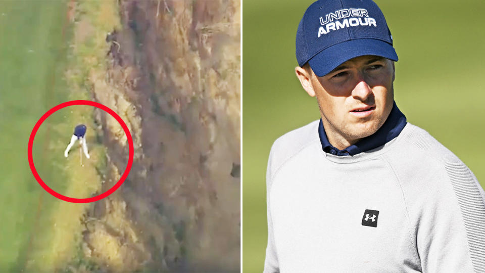 Jordan Spieth, pictured here playing his insane shot from the edge of a 20m cliff. 