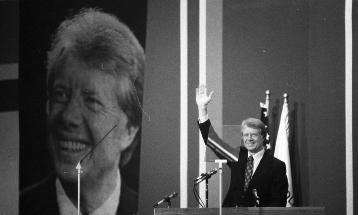 Jimmy Carter makes his first appearance at the Democratic National Convention met at Madison Square Garden in July 1976, in New York.