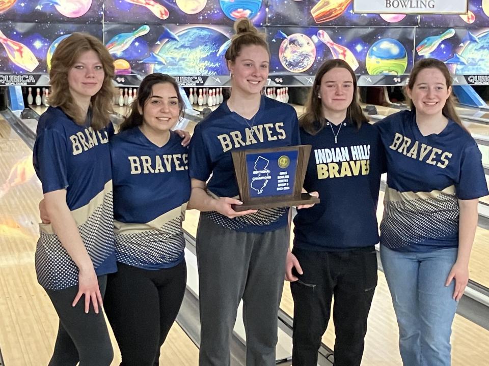 The Indian Hills girls bowling team captured the North 1, Group 2 championship on Saturday, Feb. 24, 2024 at Bowler City. From left: Seniors Juliana Kulmala, Kaitlyn Marscovetra, Allison Babino and Daria Carlson and sophomore Shannon Cassidy.