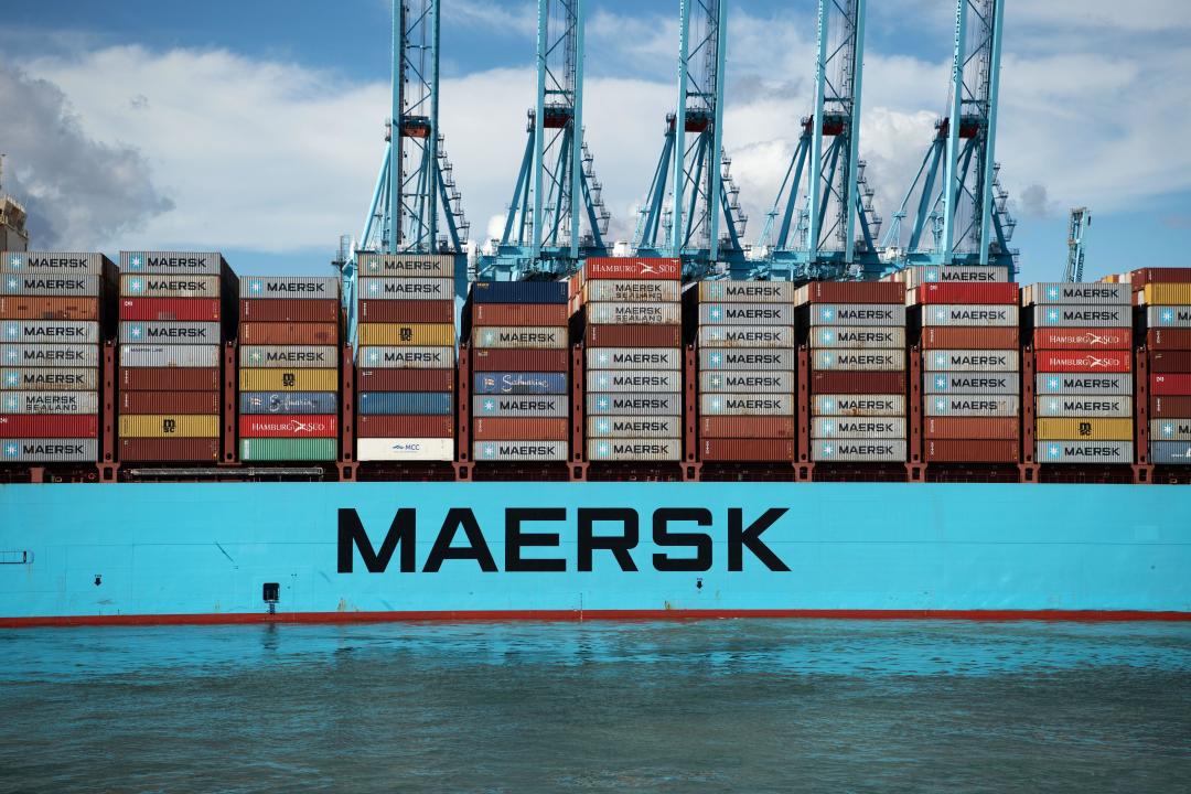 Shipping containers being unloaded from a Maersk ship, Algeciras, Andalusia, Spain