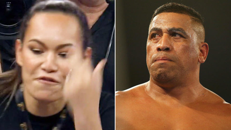 Pictured right is John Hopoate and the angry wife of Joey Leilua on the left.