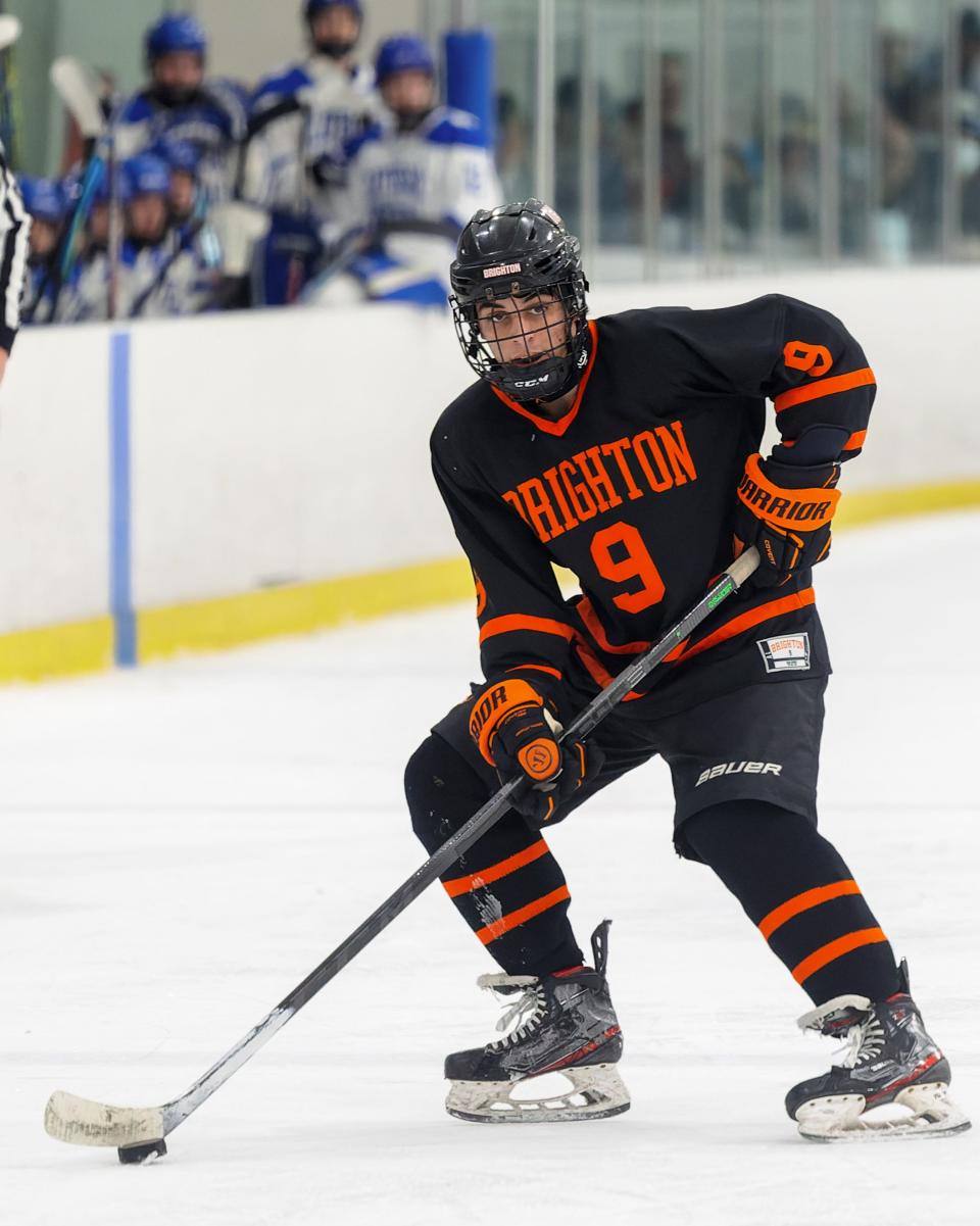 Dominic Vincent scored Brighton's goal in a 2-1 loss to Detroit Catholic Central on Saturday, Dec. 10, 2022 at Eddie Edgar Ice Arena.