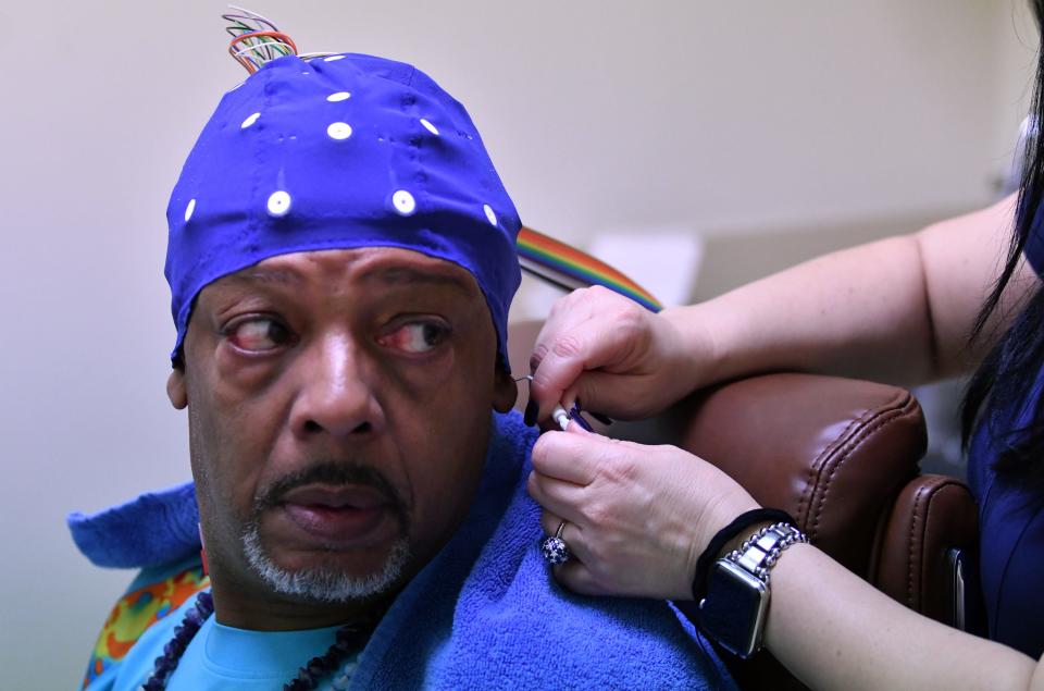 Veteran Anthony Scaife, a participant of The 22 Project, prepares to undergo a quantitative electroencephalograma (QEEG) in Delray Beach.
