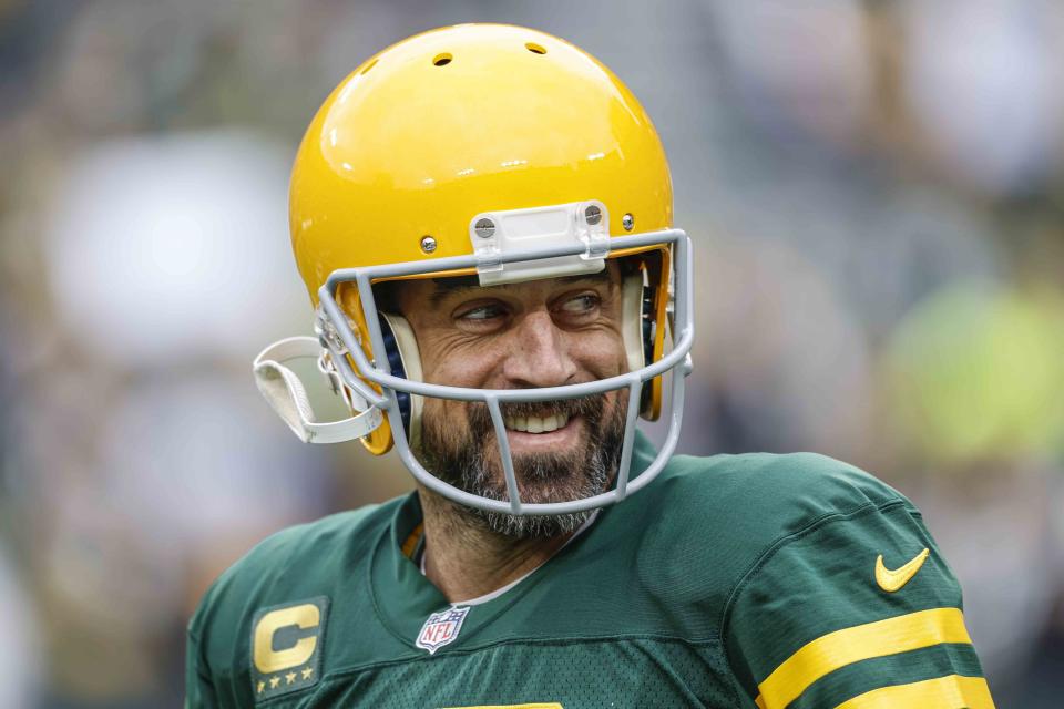 FILE - Green Bay Packers quarterback Aaron Rodgers (12) practices on the field before a an NFL game against the New York Jets, Sunday, Oct. 16, 2022, in Green Bay, Wis. Rodgers says his intention is to play for the New York Jets in the coming season as the four-time NFL MVP quarterback waits for the Green Bay Packers to trade him. Rodgers made his comments Wednesday, March 15, 2023, during an appearance on “The Pat McAfee Show.” (AP Photo/Jeffrey Phelps, File)