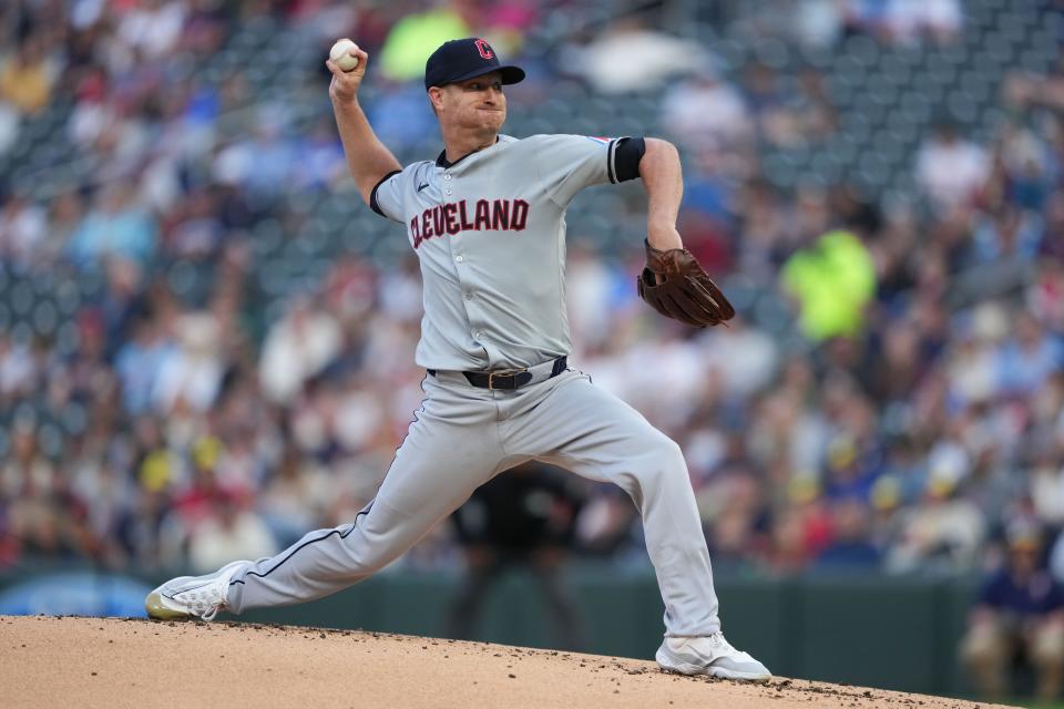 Aug 9, 2024; Minneapolis, Minnesota, USA; Cleveland Guardians starting pitcher Alex Cobb (35) delivers a pitch during the first inning against the Minnesota Twins at Target Field. Mandatory Credit: Jordan Johnson-USA TODAY Sports