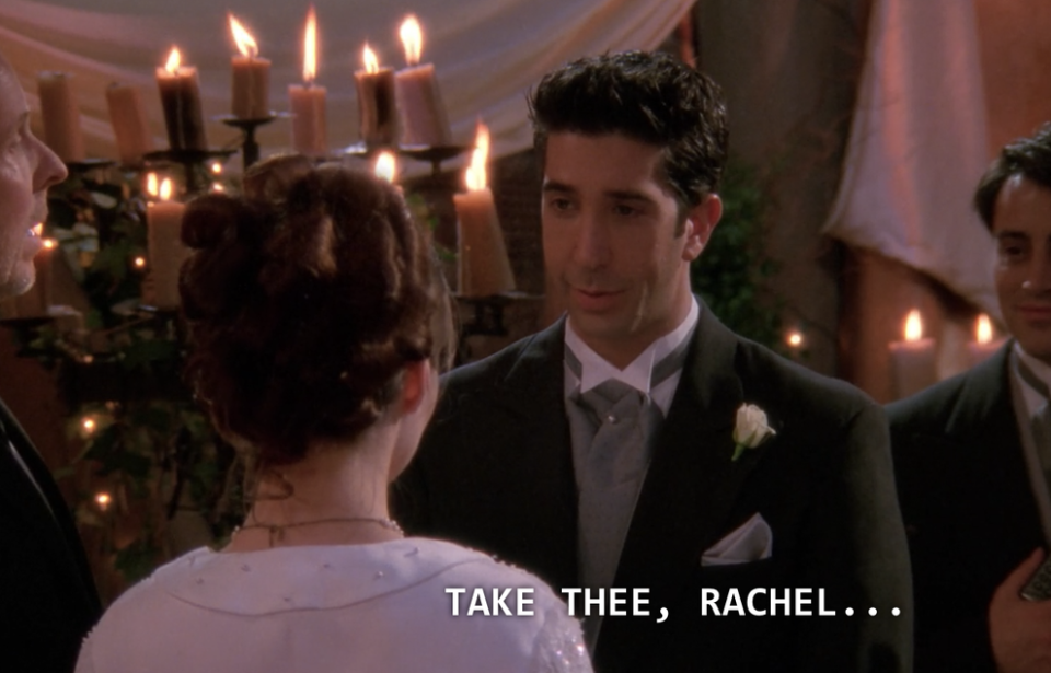 david schwimmer as ross at his own wedding in "friends"