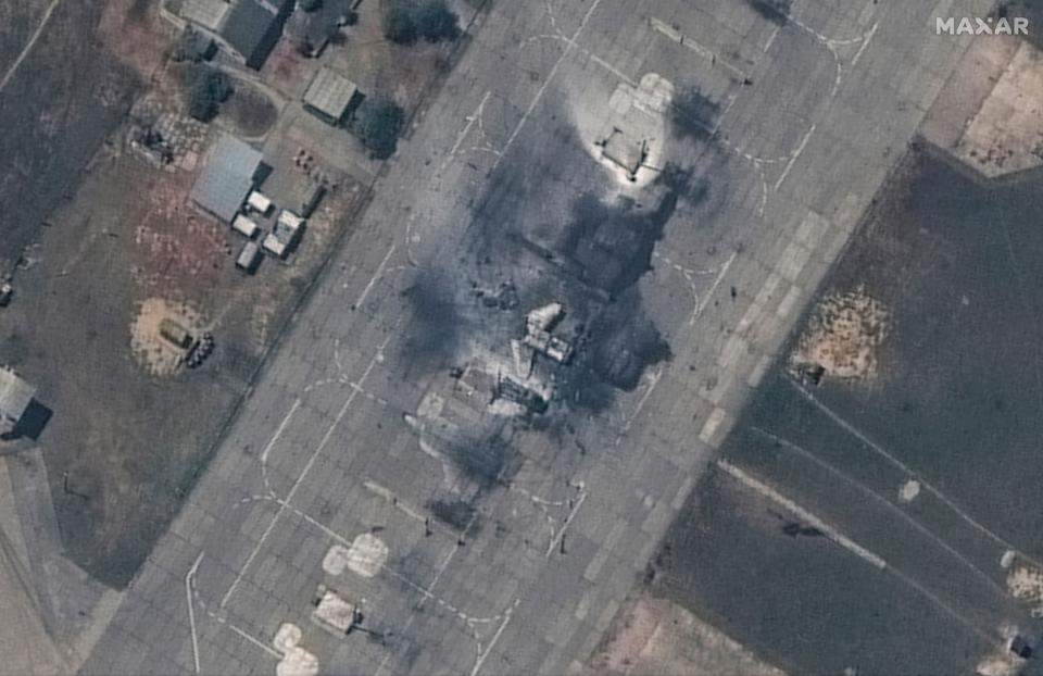 This image released by Maxar Technologies shows a closer view of a destroyed MiG 31 fighter aircraft at Belbek air base, near Sevastopol, in Crimea, (AP)