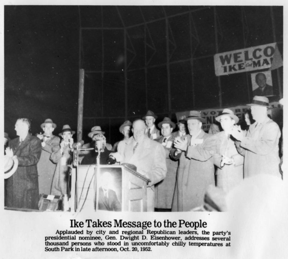 Applauded by city and regional Republican leaders, the party's presidential nominee, Gen. Dwight D. Eisenhower, addresses several thousand people who stood in chilly temperatures at South Park in the late afternoon of Oct. 20, 1952.