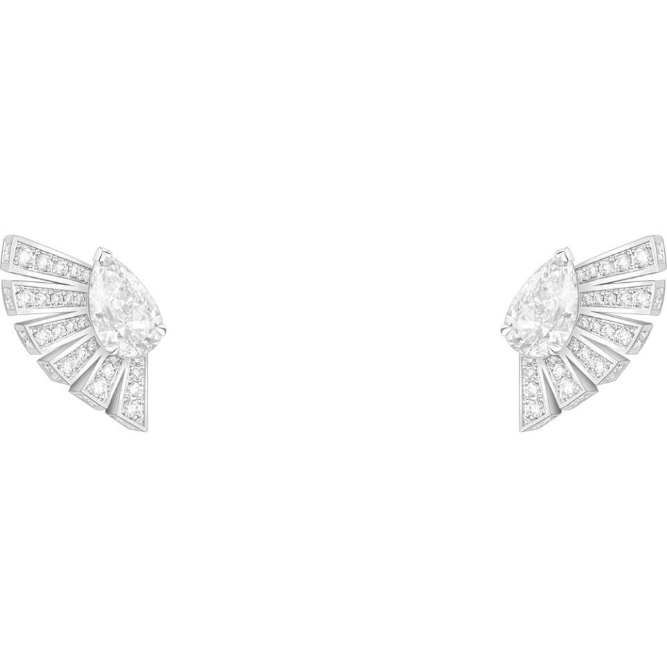 These sunray-inspired Piaget high-jewelry earrings spotlight a pair of pear-shaped diamonds; price upon request, at Piaget, Beverly Hills