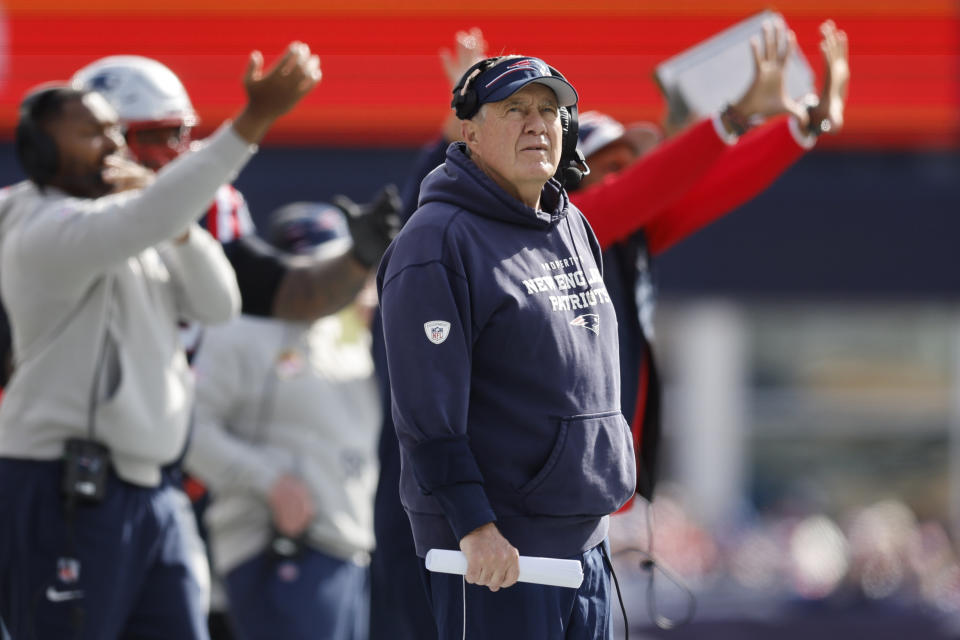 New England Patriots head coach Bill Belichick looks towards the scoreboard during the first half of an NFL football game against the Buffalo Bills, Sunday, Oct. 22, 2023, in Foxborough, Mass. (AP Photo/Michael Dwyer)