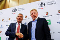 Ulrich Klaus president of the German Tennis Federation and three-times Wimbledon champion Boris Becker shake hands as Becker is announced German Tennis Federation's (DTB) new head of men's tennis during a news conference in Frankfurt, Germany, August 23, 2017. REUTERS/Kai Pfaffenbach