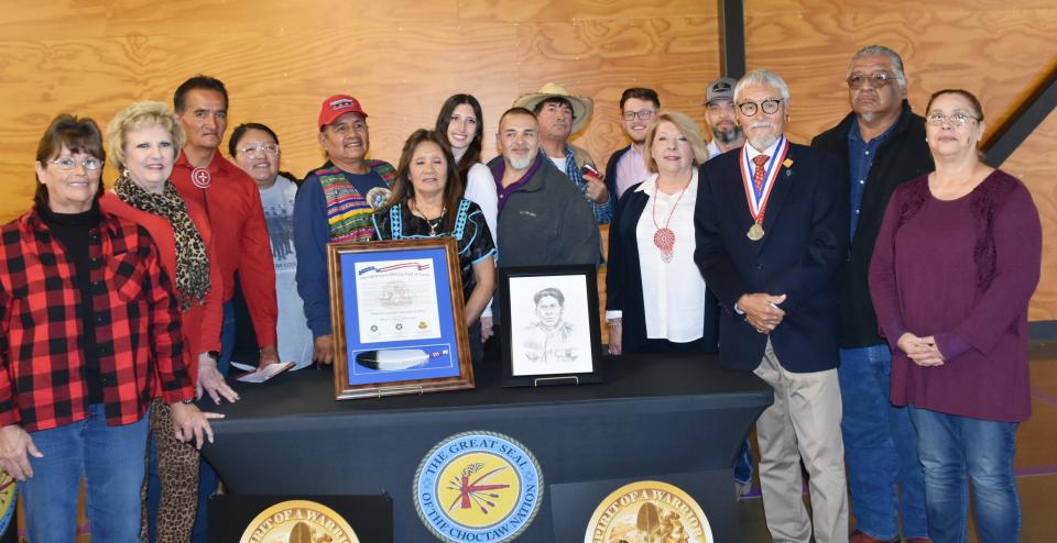 Descendants of Choctaw World War I soldier Joseph Oklahombi gather in his honor when he was inducted into the Oklahoma Military Hall of Fame in 2021. The tribe is leading the effort to have Oklahombi recognized with a Medal of Honor.