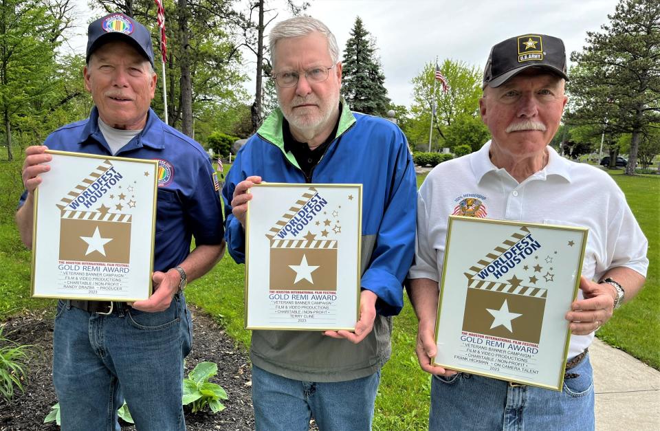 Terry Cline, center, owner and operator of Challenge Productions in Marion, created a video to support and promote the Marion Military Banner Campaign. The video won a gold Remi Award at the 2023 Houston International Film Festival. Vietnam War veterans Randy Drazba, left, and Frank Hickman, right, are key players in the success of the banner campaign.