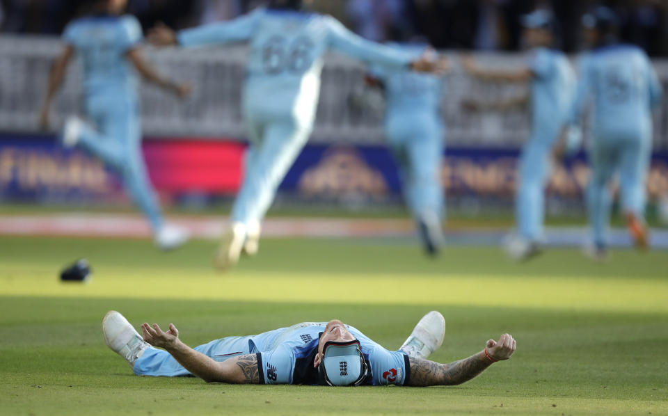 England's Ben Stokes celebrates after winning the Cricket World Cup final match between England and New Zealand at Lord's cricket ground in London, Sunday, July 14, 2019. England won after a super over after the scores ended tied after 50 overs each. (AP Photo/Matt Dunham)