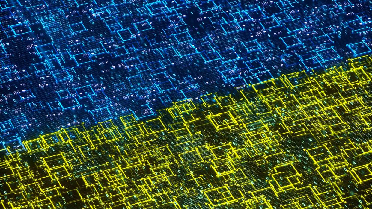  Digital generated image of Data in colour of Ukrainian flag - blue and yellow. 