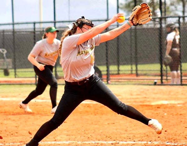 Marissa Gregory of Marywood University deals to the dist during recent Atlantic East action. The freshman righty is 9-1 on the season and recently fired the first-ever seven inning perfect game in program history.