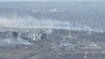 An aerial view shows smoke billowing, in Bakhmut, Ukraine