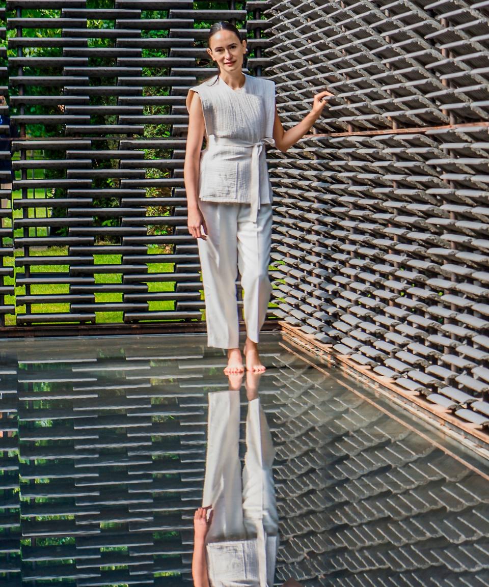 Architect Frida Escobedo, at her 2018 pavilion for London’s Serpentine Gallery.