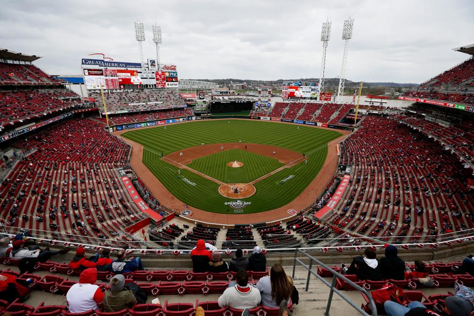 Reds starting pitcher Luis Castillo (58) delivers a pitch in the first inning of the MLB Opening Day game between the Reds and the Cardinals at Great American Ball Park on Thursday, April 1, 2021.